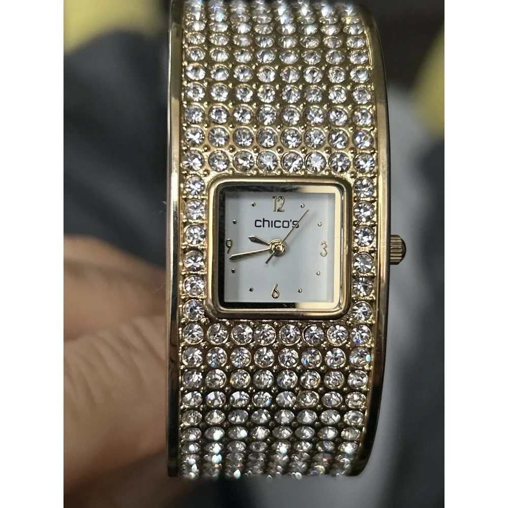 Chico's Gold Tone Rhinestone Cuff Watch Wide Hinged Bangle NOT TESTED‎